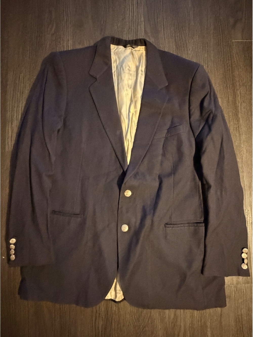 Vintage 70s Lanvin Virgin Wool Navy Gold Button Blazer XL